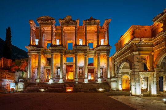 Celsus Library Night At Ephesus Ancient City In Izmir, Turkey