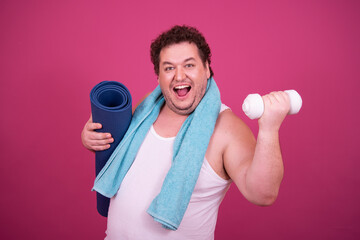 Fitness and healthy lifestyle. Funny fat man and sport.	