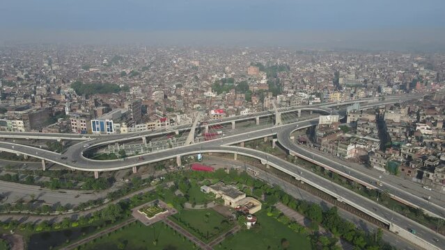 Azadi Chowk Interchange in Lahore with some traffic, seen from the air. 