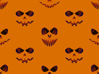 Scary face with glowing eyes seamless pattern. Evil scary eyes carved in a pumpkin. Halloween Jack O Lantern. Design for greeting card, banner and holiday invitations. Vector illustration