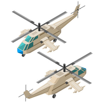 Isometric 3D Transport Aircraft Flight Military Helicopter For War, Battle Machine Urban City Element Vector Design Satyle