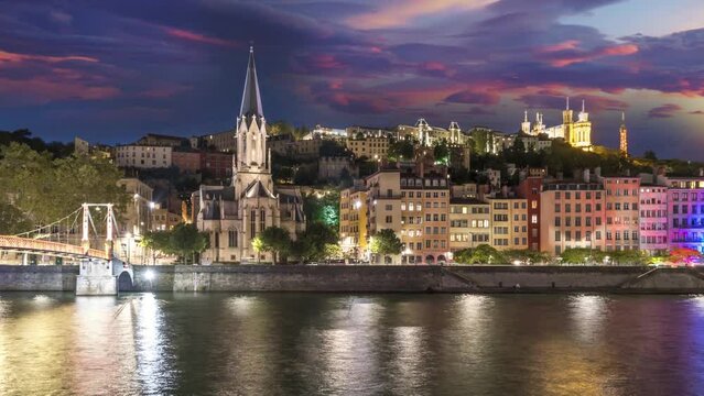 Lyon france night skyline view downtown cathedral church river.