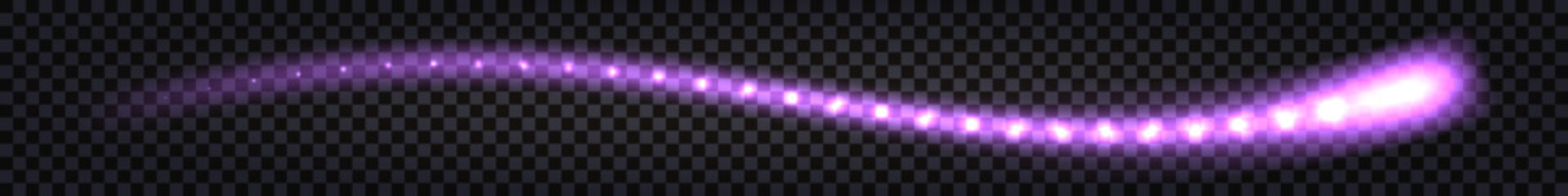Glowing neon swirl wave, purple light effect with thunder bolt. Light wavy trail, flying shiny sparks, laser beam. Isolated element on dark background, vector illustration