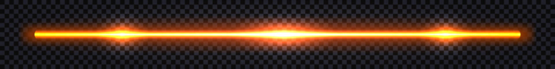 Yellow laser beam, glowing neon light effect. Straight ray line with flash shock and thunder bolt. Electric tube isolate. Vector illustration © Amarylle