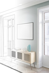 Fototapeta premium A sketch becomes a room with a horizontal poster on a light blue wall between two balcony doors, decor on a wooden sideboard with a rattan door, curtains, and carpet on a parquet floor. 3d render