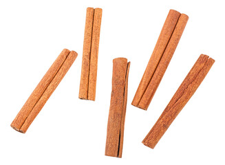 Aromatic cinnamon sticks isolated on a white background, top view.