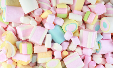 Texture of multi-colored sweet marshmallows. Marshmallows candy for background.