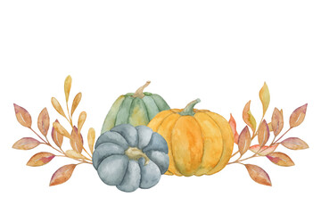 hand drawing autumn border with three colored pumpkin and yellow autumn leaves, botanikal illustration isolated on white background for card, invitation, etc.