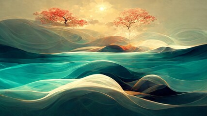 Abstract Nature Background. Painting Style Sea and Trees.