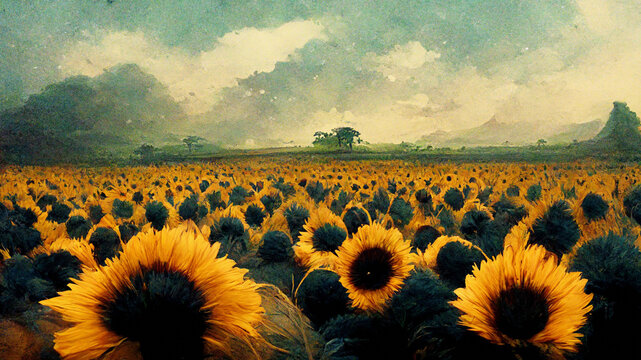 Field of Sunflowers. Oil Painting Texture. Beautiful Landscape View Background.