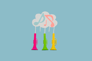 cloud with notes from which colorful trumpets come out, creative art modern design, musical...