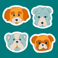 Cute dogs muzzle sticker set. Doodle color funny puppy faces. Dog heads. Different popular dog breeds.