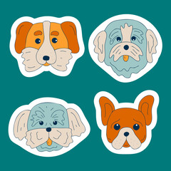 Cute dogs muzzle sticker set. Doodle color funny puppy faces. Dog heads. Different popular dog breeds.