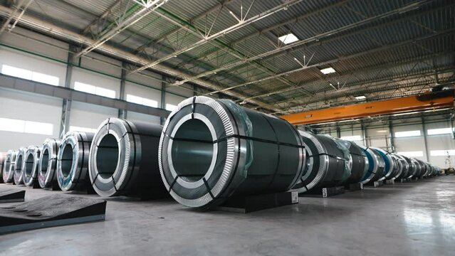Industrial workshop and warehouse for storage and distribution of products of a metallurgical plant. Coiled steel is stored in rows in a modern warehouse.