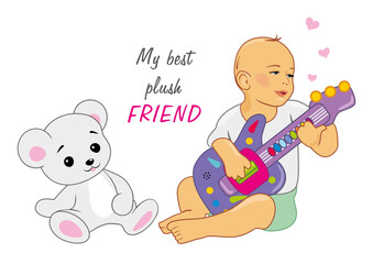 Little boy playing guitar for a plush friend