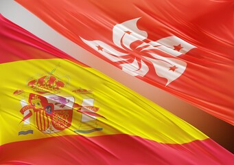 Abstract Spain Flag, next to Hong-Kong Flag 3D Render(3D Artwork)