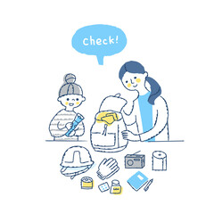 非常持出袋の中をチェックする親子