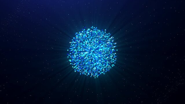 Glowing bundle of explosive energy. Motion. Discovery of explosive flow forming dense clot. Energy particles are compacted in spherical clot