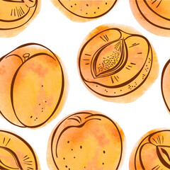 Seamless pattern with apricots, orange watercolor blotches on a white background. Vector. Perfect for design templates, wallpaper, wrapping, fabric and textile.