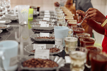 Close up of coffee beans and glasses with coffee for tasting at the factory in Africa