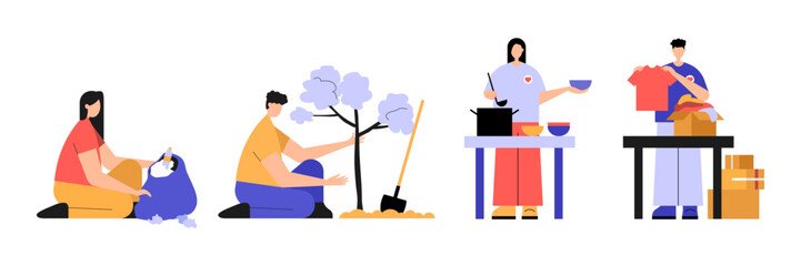 Vector illustration of beautiful volunteers. Cartoon scene with men and women who clean the streets, plant trees, cook food and donate clothes.