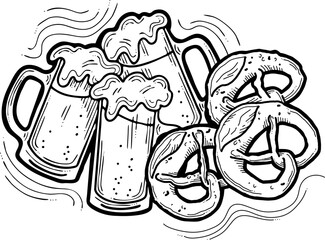 Beer and brezel for Octoberfest decoration, invitation, celebration, print, poster, menu. Food and drink. Autumn festival from Germany, Munich. Hand drawn illustration. Cartoon style vector drawing.