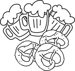Beer and brezel for Octoberfest decoration, invitation, celebration, print, poster, menu. Food and drink. Autumn festival from Germany, Munich. Hand drawn illustration. Cartoon style vector drawing.