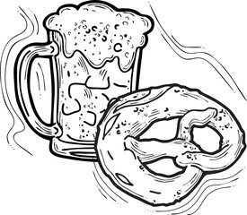 Beer and brezel for Octoberfest decoration, invitation, celebration, print, poster, menu. Food and drink. Autumn festival from Germany, Munich. Hand drawn illustration. Cartoon style vector drawing.
