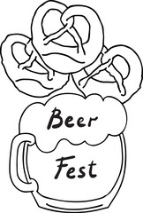 Beer and brezel for Octoberfest decoration, invitation, celebration, print, poster, menu. Food and drink. Autumn festival from Germany, Munich. Hand drawn illustration. Cartoon style vector drawing.