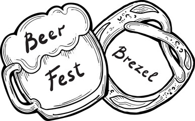 Beer and brezel for Octoberfest decoration, invitation, celebration, print, poster, menu. Food and drink. Autumn festival from Germany, Munich. Hand drawn illustration. Cartoon style vector drawing.