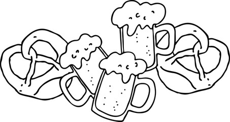 Beer and brezel for Octoberfest decoration, invitation, celebration, print, poster, menu. Food and drink. Autumn festival from Germany, Munich. Hand drawn illustration. Cartoon style vector drawing.