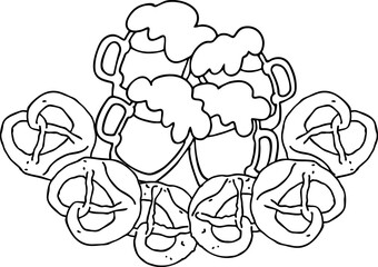 Beer and brezel for Octoberfest decoration, invitation, celebration, print, poster, menu. Food and drink. Autumn festival from Germany, Munich. Hand drawn illustration. Cartoon style vector drawing.