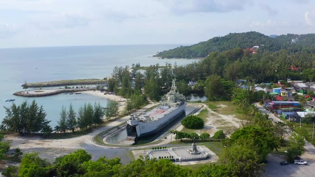Aerial view of Thong Sala pier, boat and koh Tae Nai in koh Phangan, Thailand
