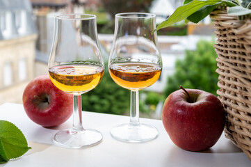 Tasting of strong alcoholic drink calvados made from apples in Normandy, Calvados region, France