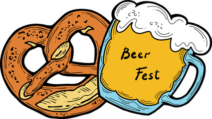 Beer and brezel for Octoberfest decoration, invitation, celebration, print, poster, menu. Food and drink. Autumn festival from Germany, Munich. Hand drawn illustration. Cartoon style vector drawing.