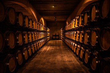 Cellar with barrels for storage of wine, Spain. Wine concept