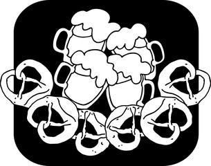 Beer and brezel for Octoberfest decoration, invitation, celebration, print, poster, menu. Food and drink. Autumn festival from Germany, Munich. Hand drawn illustration. Cartoon style vector drawing.