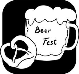 Beer and brezel for Octoberfest decoration, invitation, celebration, print, poster, menu. Food and drink. Autumn festival from Germany, Munich. Hand drawn illustration. Cartoon style vector drawing.