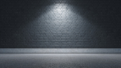 Black brick wall illuminated with lights. 3d rendering