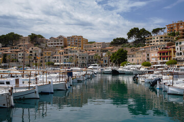 Fototapeta na wymiar view of lovely marina in Port de Soller on Mallorca island (Spain, Balearic islands)