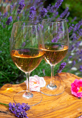 French rose wine from Provence, two glasses of wine with purple lavender flowers on background