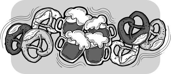 Beer and brezel for Octoberfest decoration, invitation, celebration, print, poster, menu. Food and drink. Autumn festival from Germany, Munich. Hand drawn illustration. Cartoon style vector drawing.