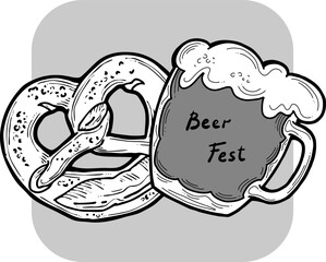 Beer and brezel for Octoberfest decoration, invitation, celebration, print, poster, menu. Food and drink. Autumn festival from Germany, Munich. Hand drawn illustration. Cartoon style vector drawing.