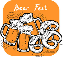 Beer and brezel for Octoberfest decoration, invitation, celebration, print, poster, menu. Food and drink. Autumn festival from Germany, Munich. Hand drawn illustration. Cartoon style vector drawing.