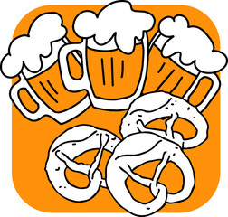 Beer and brezel for Octoberfest decoration, invitation, celebration, print, poster, menu. Food and drink. Autumn festival from Germany, Munich. Hand drawn illustration. Cartoon style vector drawing.