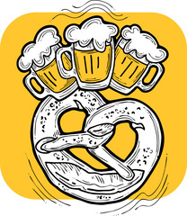 Beer and brezel for Octoberfest decoration, invitation, celebration, print, poster, menu. Food and drink. Autumn festival from Germany, Munich. Hand drawn illustration. Cartoon style vector drawing.