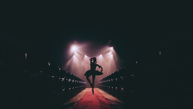 Graceful hard-working ballerina dancing i in spotlight. Silhouette   Diligent ballet dancer performing dancing elements of classical ballet. Slow motion.