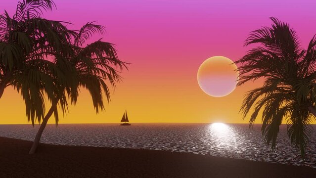 Ocean beach with tropical palm trees at sunset. 3d Synthwave stylized animated background. Seamless loop.
