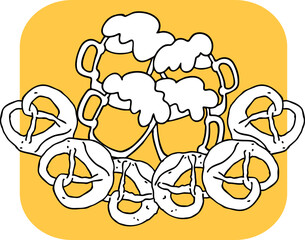 Beer and brezel for Octoberfest decoration, invitation, celebration, print, poster, menu. Food and drink. Autumn festival from Germany, Munich. Hand drawn illustration. Cartoon style vector drawing.