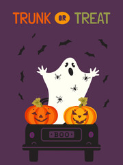Halloween Spooky Trunk or Treat Cute vector poster. Holiday truck with ghost, pumpkins, spider, bats scary characters cartoon design element illustration. Happy Halloween holiday fun event background